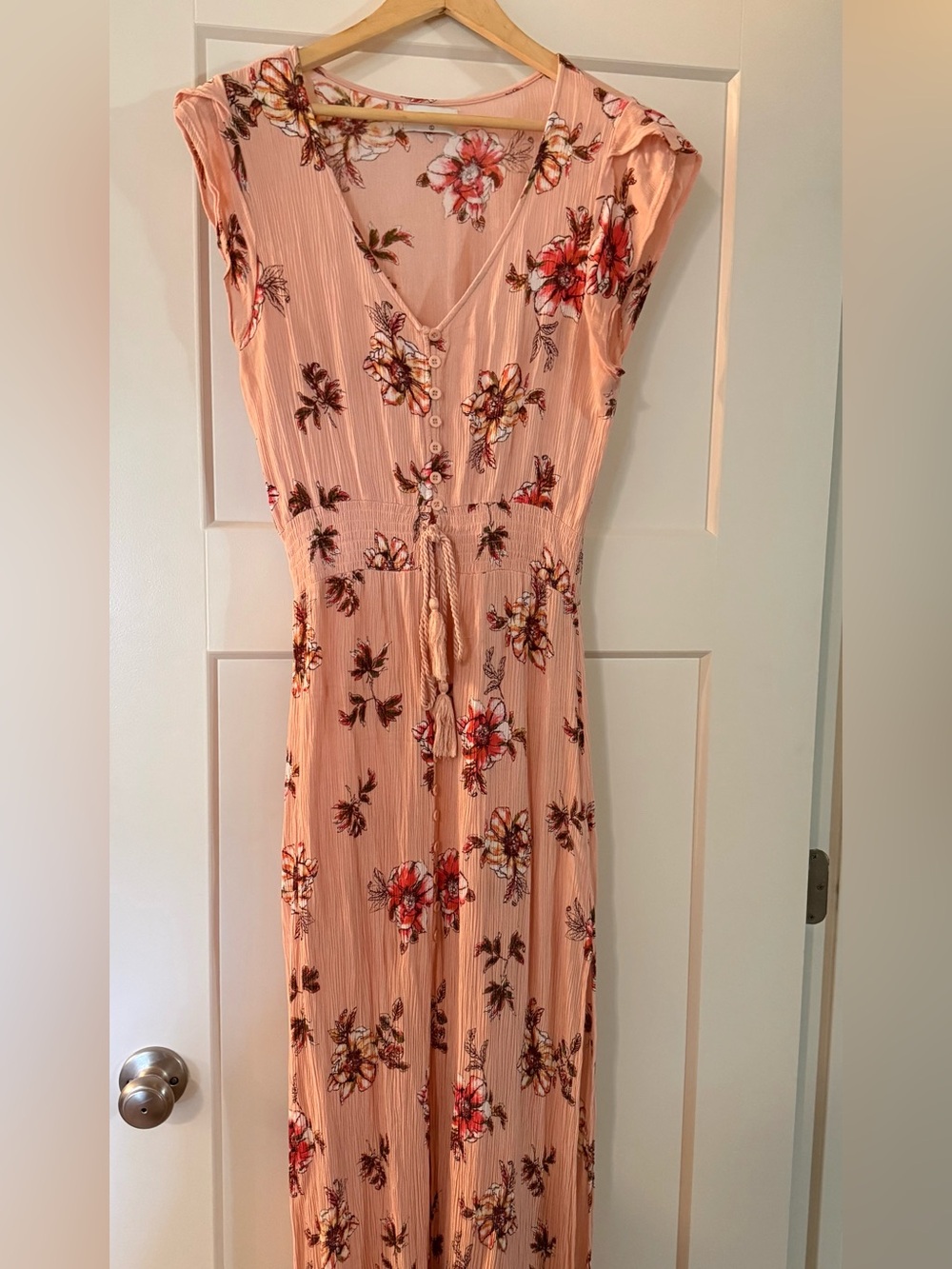 Story Peach Floral V-Neck Maxi Dress with Drawstring Waist large